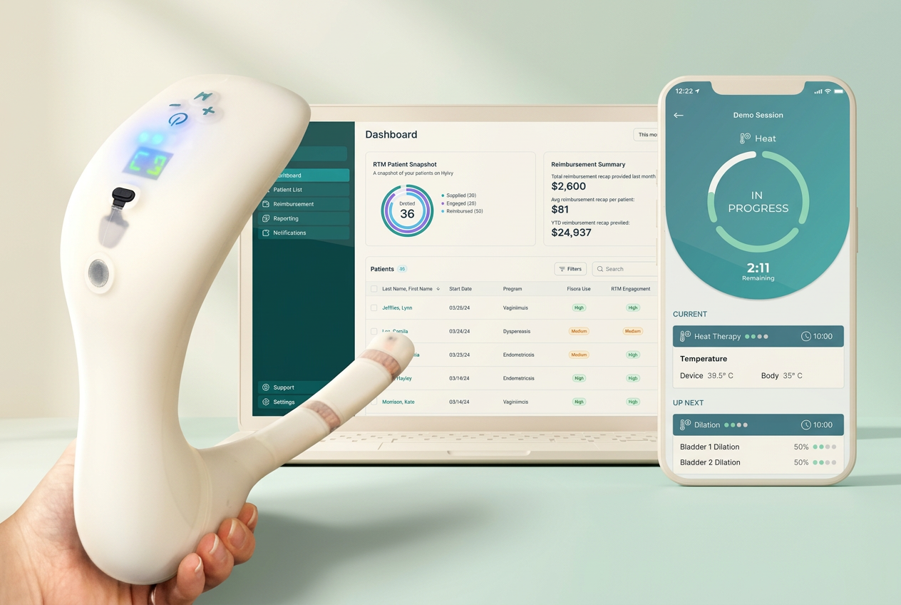 Floora connected therapy system with graduated devices, charging case, and companion app